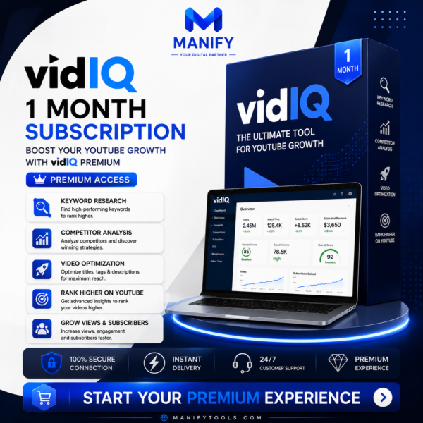 vidIQ Subscription Pakistan by MANIFYTOOLS for YouTube SEO, AI keyword research, competitor analysis, video optimization, and channel growth.