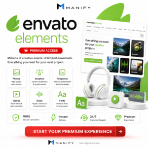 Envato Elements Premium Subscription by MANIFY featuring premium WordPress themes, plugins, website templates, stock photos, videos, fonts, graphics, and creative assets with affordable pricing and expert support.