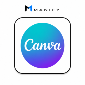 Official Canva Pro Subscription promotional image by MANIFY TOOLS featuring the original Canva Pro logo on a white background with premium branding, private account access, and professional design tools.