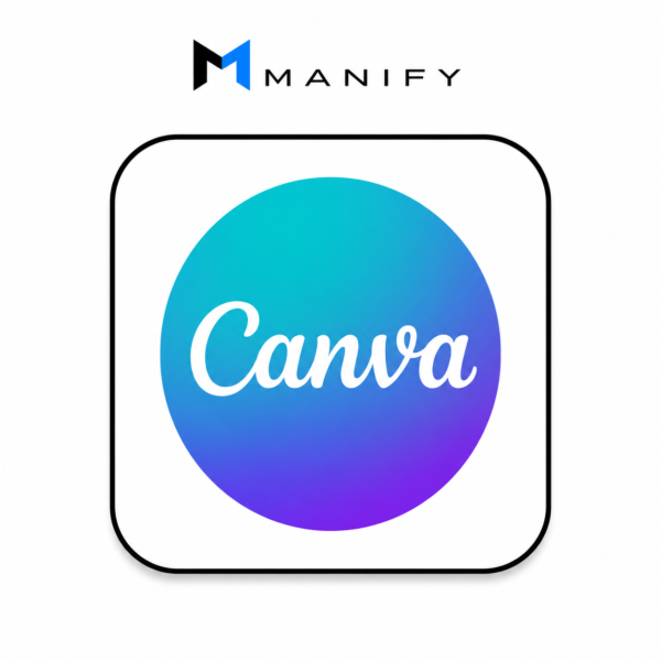 Official Canva Pro Subscription promotional image by MANIFY TOOLS featuring the original Canva Pro logo on a white background with premium branding, private account access, and professional design tools.
